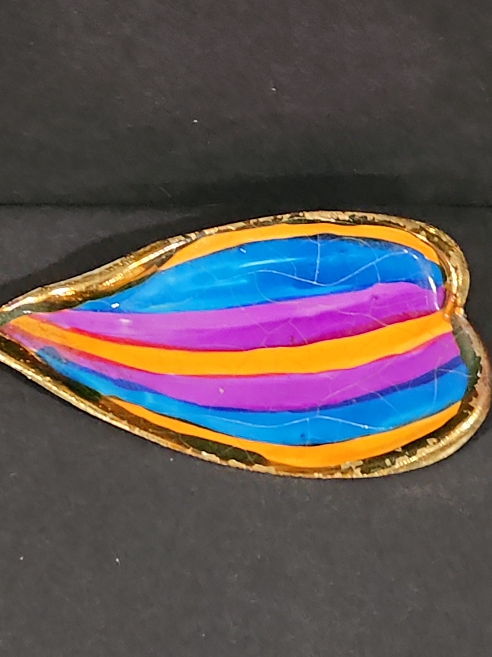 Vintage Western Germany Enamel Leaf Brooch Pin Rainbow Striped Gold Tone Crazed